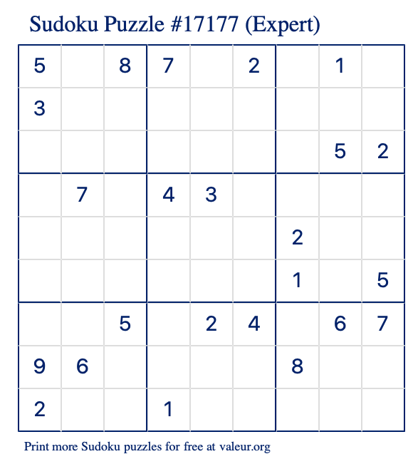 Free Printable Expert Sudoku Puzzle number 17177