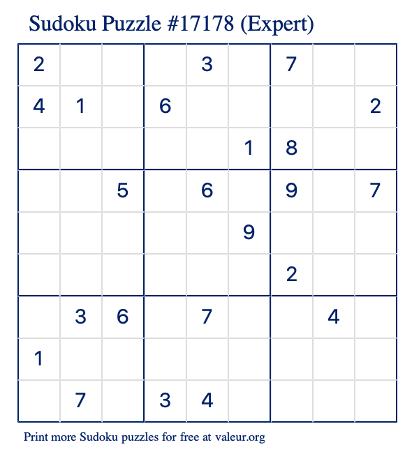 Free Printable Expert Sudoku Puzzle number 17178