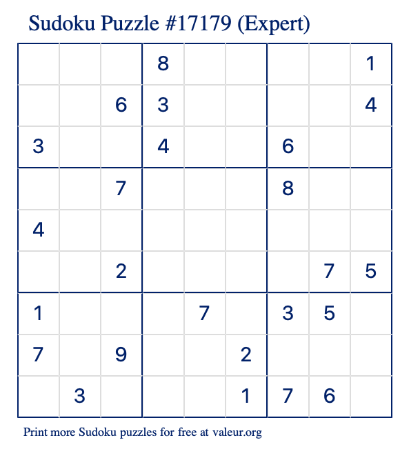 Free Printable Expert Sudoku Puzzle number 17179