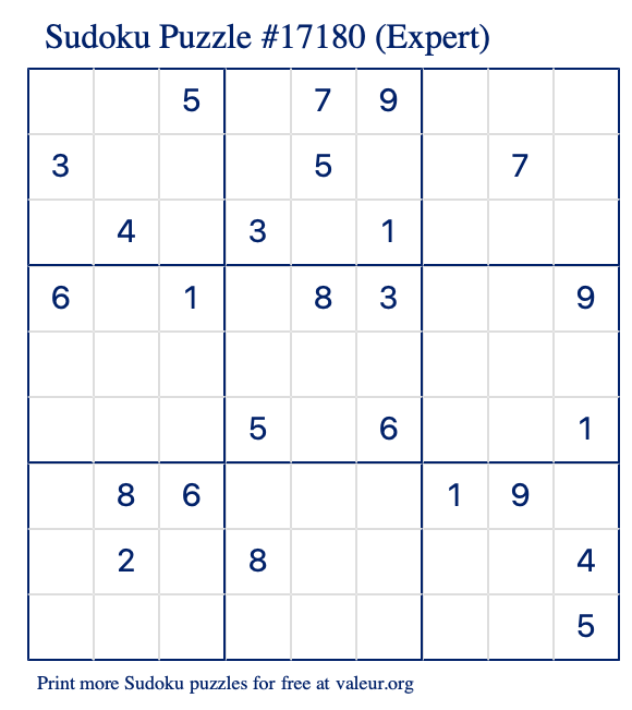 Free Printable Expert Sudoku Puzzle number 17180