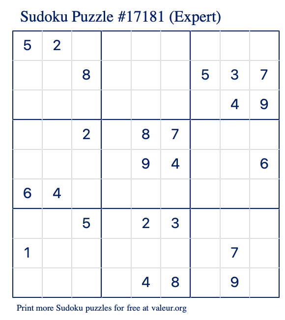 Free Printable Expert Sudoku Puzzle number 17181