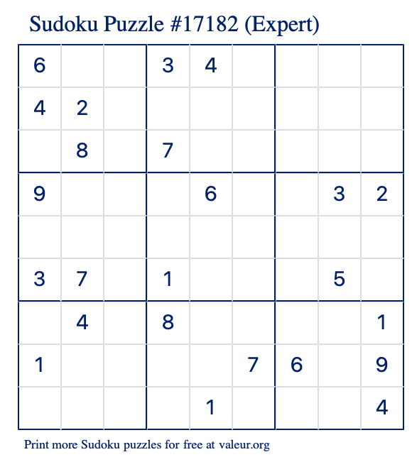 Free Printable Expert Sudoku Puzzle number 17182