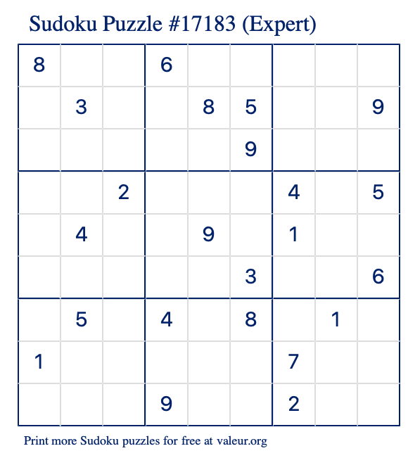 Free Printable Expert Sudoku Puzzle number 17183