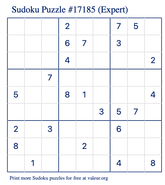Free Printable Expert Sudoku Puzzle number 17185