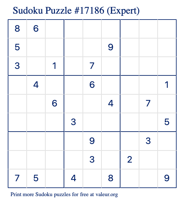 Free Printable Expert Sudoku Puzzle number 17186