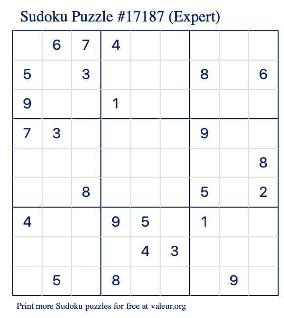 Free Printable Expert Sudoku Puzzle number 17187