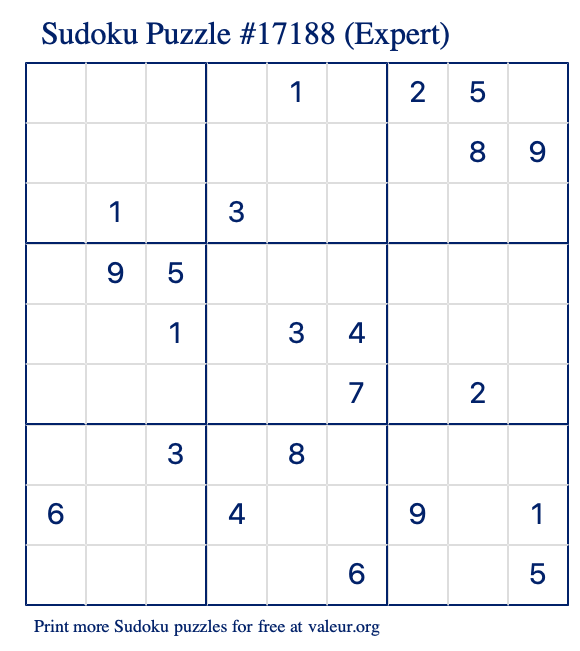 Free Printable Expert Sudoku Puzzle number 17188