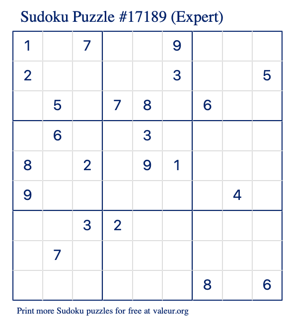 Free Printable Expert Sudoku Puzzle number 17189