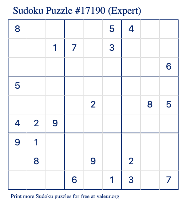 Free Printable Expert Sudoku Puzzle number 17190