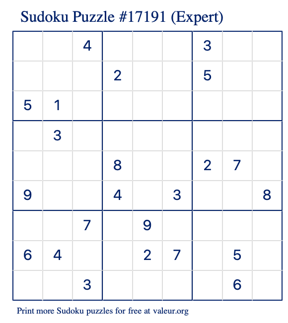Free Printable Expert Sudoku Puzzle number 17191