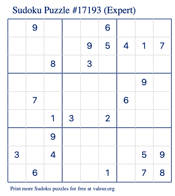 Free Printable Expert Sudoku Puzzle number 17193