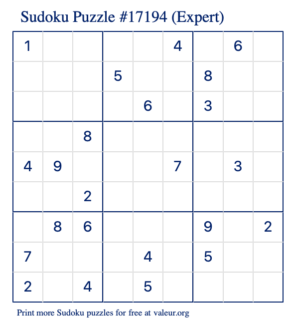 Free Printable Expert Sudoku Puzzle number 17194