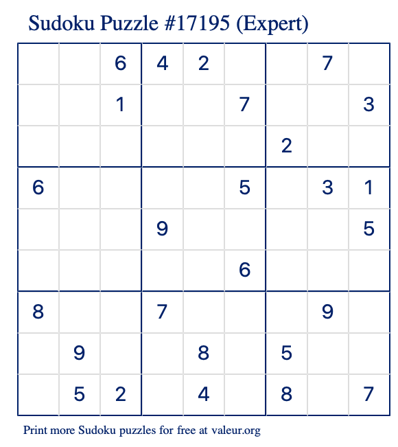 Free Printable Expert Sudoku Puzzle number 17195