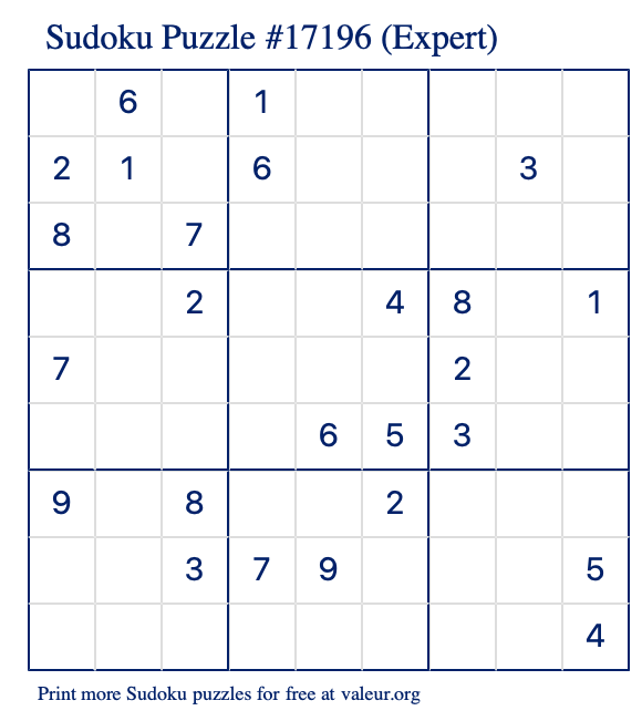 Free Printable Expert Sudoku Puzzle number 17196