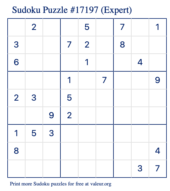 Free Printable Expert Sudoku Puzzle number 17197