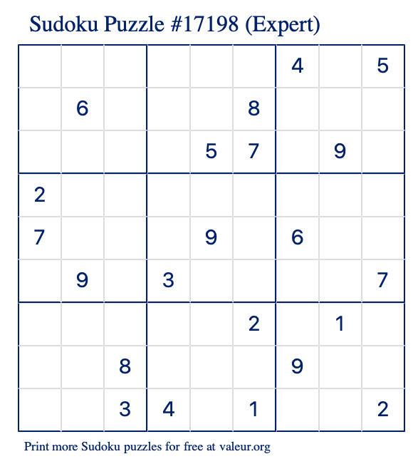Free Printable Expert Sudoku Puzzle number 17198