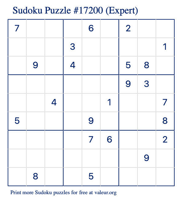 Free Printable Expert Sudoku Puzzle number 17200