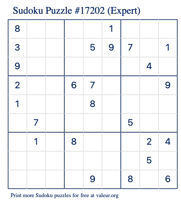 Free Printable Expert Sudoku Puzzle number 17202