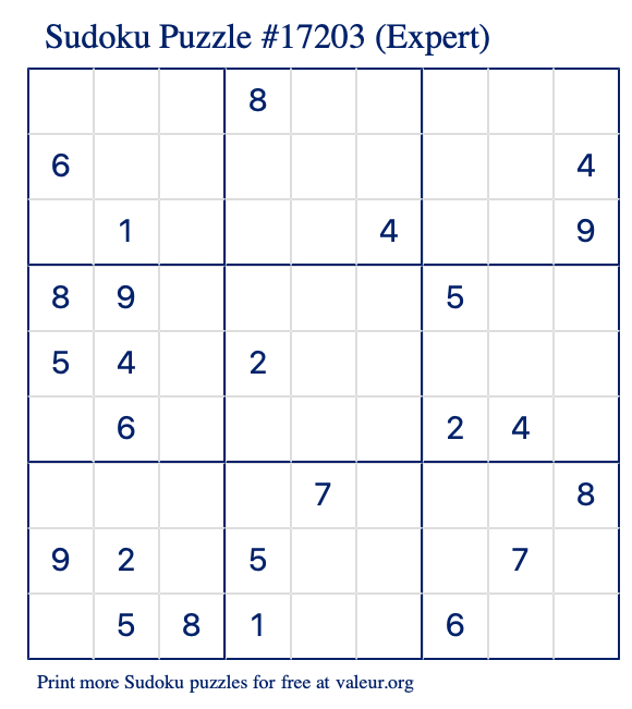 Free Printable Expert Sudoku Puzzle number 17203