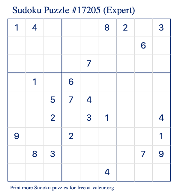 Free Printable Expert Sudoku Puzzle number 17205