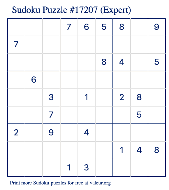 Free Printable Expert Sudoku Puzzle number 17207
