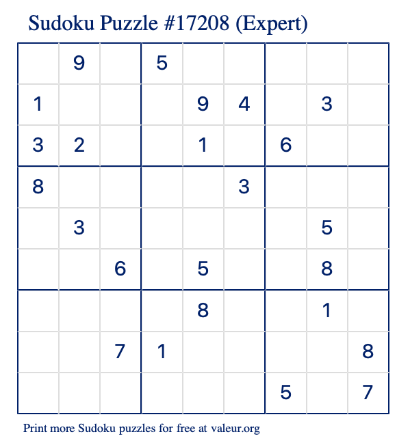 Free Printable Expert Sudoku Puzzle number 17208