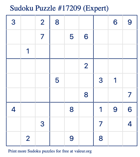Free Printable Expert Sudoku Puzzle number 17209
