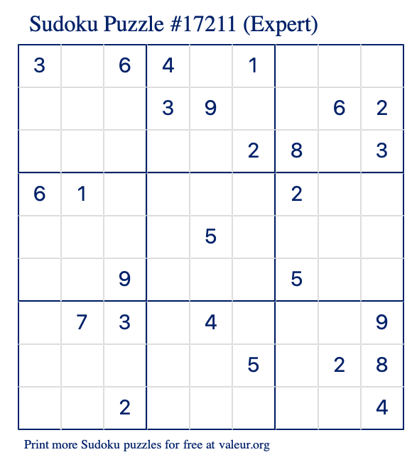 Free Printable Expert Sudoku Puzzle number 17211