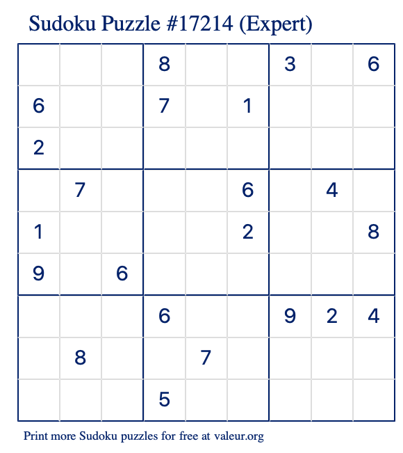 Free Printable Expert Sudoku Puzzle number 17214