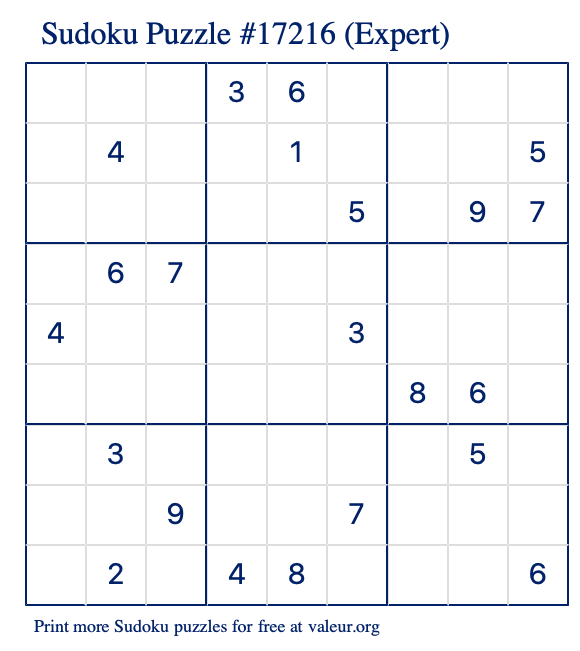 Free Printable Expert Sudoku Puzzle number 17216