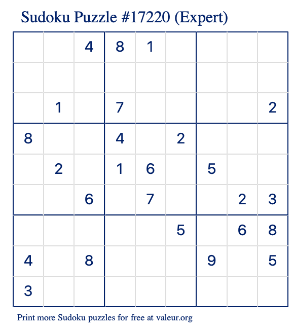 Free Printable Expert Sudoku Puzzle number 17220