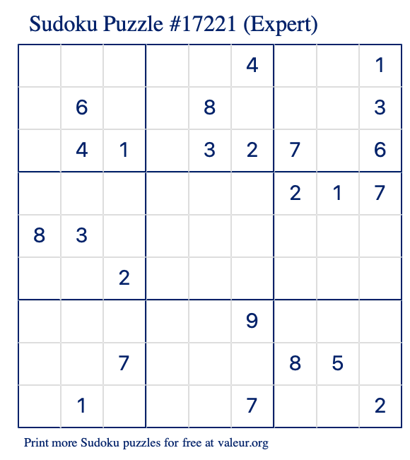 Free Printable Expert Sudoku Puzzle number 17221
