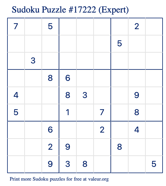 Free Printable Expert Sudoku Puzzle number 17222