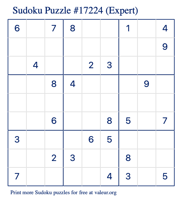 Free Printable Expert Sudoku Puzzle number 17224