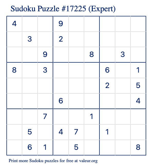 Free Printable Expert Sudoku Puzzle number 17225