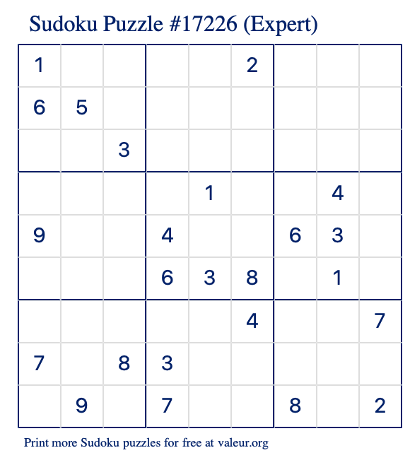 Free Printable Expert Sudoku Puzzle number 17226