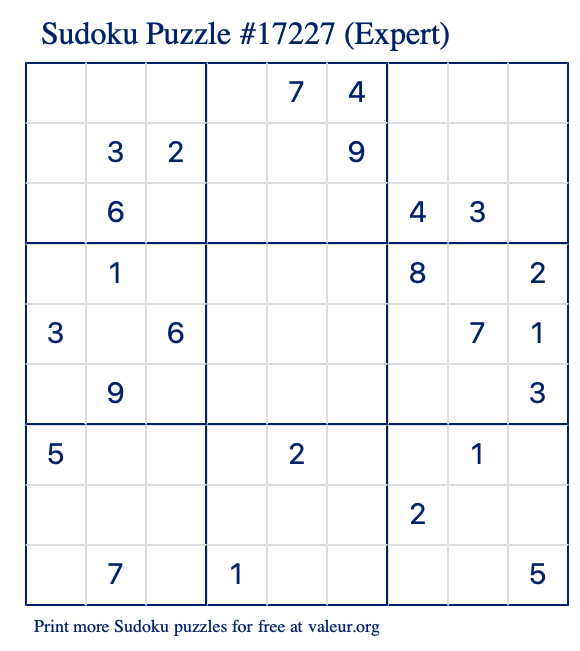 Free Printable Expert Sudoku Puzzle number 17227