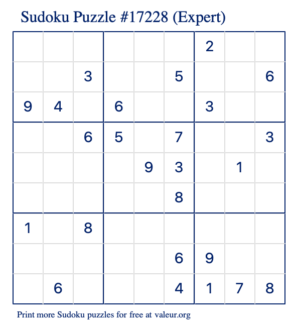 Free Printable Expert Sudoku Puzzle number 17228