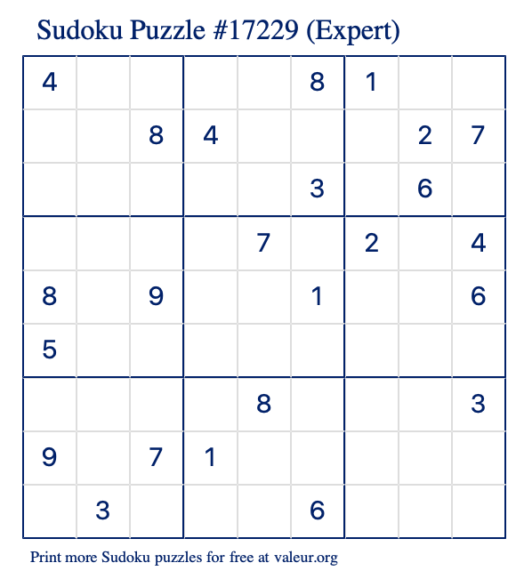 Free Printable Expert Sudoku Puzzle number 17229