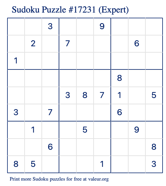 Free Printable Expert Sudoku Puzzle number 17231