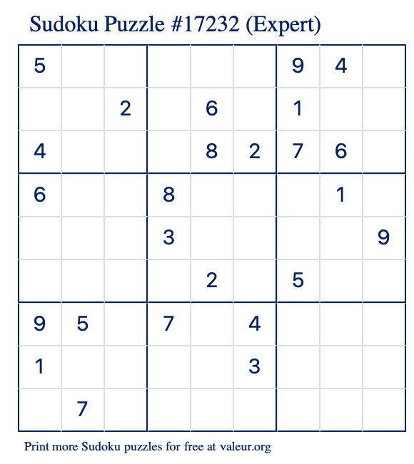Free Printable Expert Sudoku Puzzle number 17232