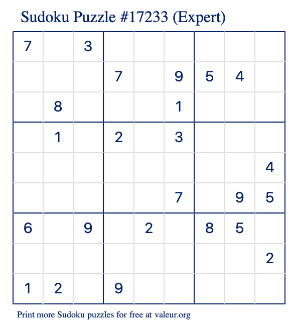 Free Printable Expert Sudoku Puzzle number 17233