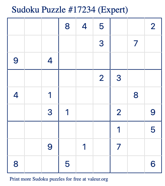 Free Printable Expert Sudoku Puzzle number 17234