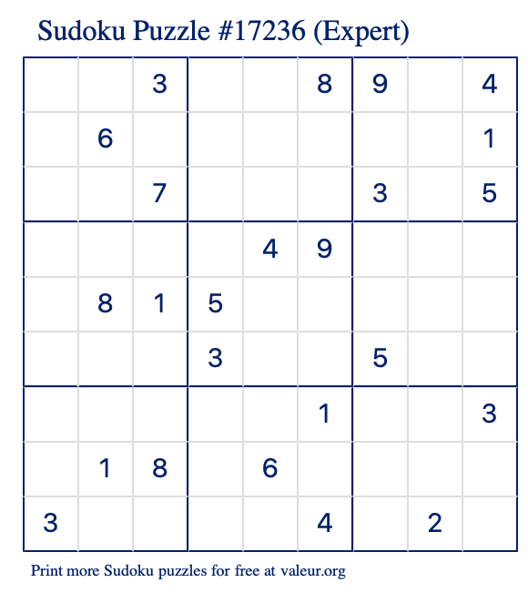 Free Printable Expert Sudoku Puzzle number 17236