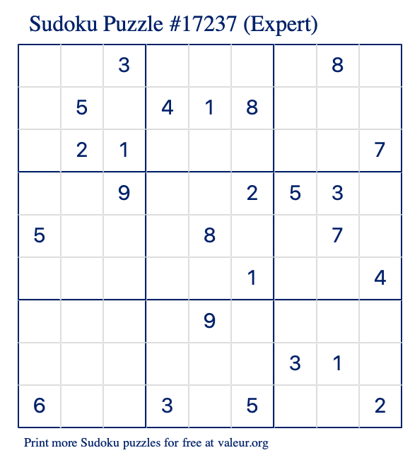 Free Printable Expert Sudoku Puzzle number 17237