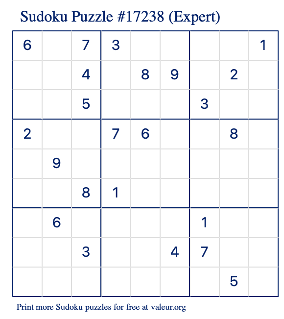 Free Printable Expert Sudoku Puzzle number 17238