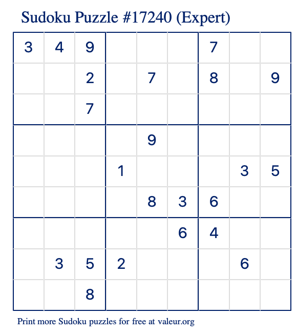 Free Printable Expert Sudoku Puzzle number 17240