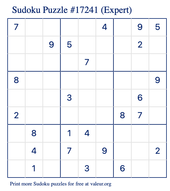 Free Printable Expert Sudoku Puzzle number 17241