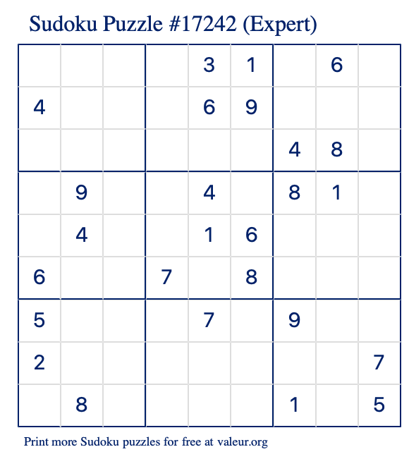 Free Printable Expert Sudoku Puzzle number 17242