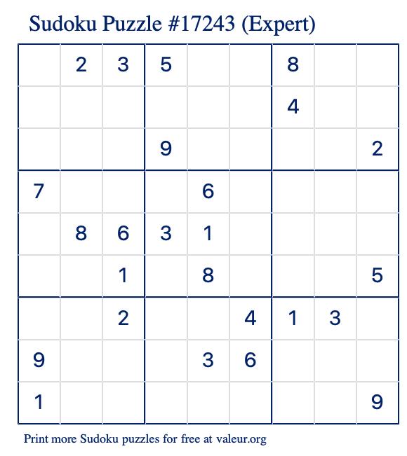 Free Printable Expert Sudoku Puzzle number 17243